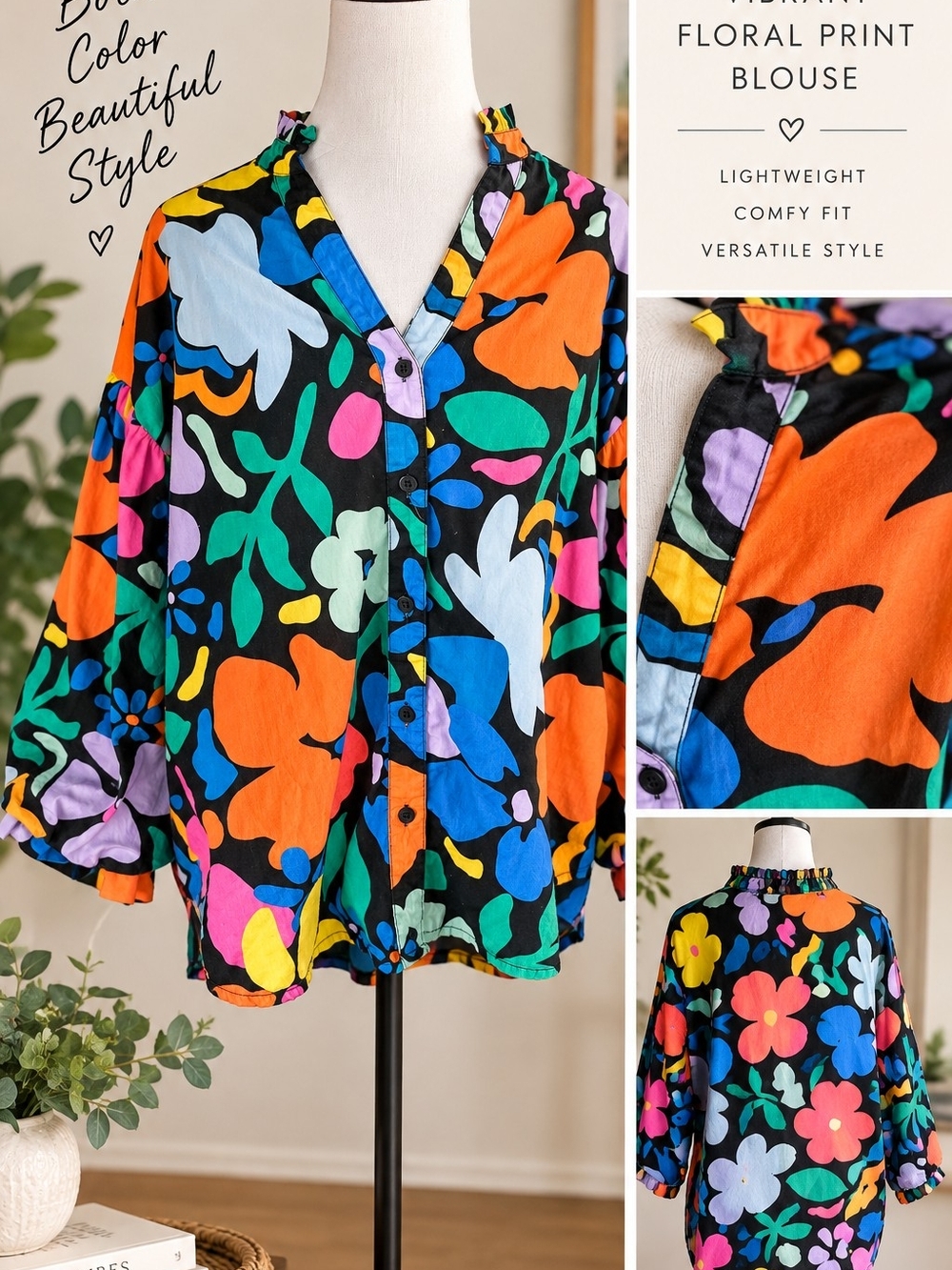 Karlie 100% Cotton Vibrant Abstract Floral Blouse Size L Colorful Button Front